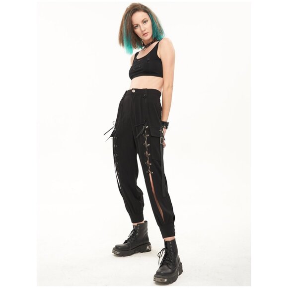 NWT Devil Fashion Open Leg Gothic Punk Lace Up Cargo Pants XS - Picture 4 of 12